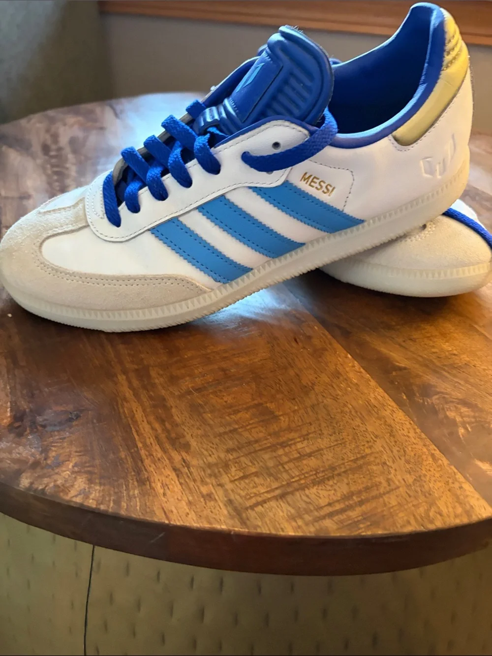 Lionel Messi Adidas Sambas. White & Blue Retro Sneakers with Blue Laces